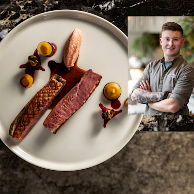 Canette met verschillende bereidingen van biet en pompoen, saus van sinaasappel