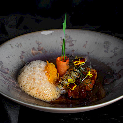 Langoustine, buikspek, wortel, Szechuan