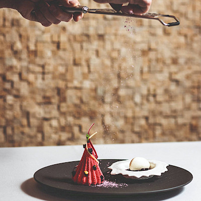 Kerst dessert; Kerstboompje met compote van cassis en parfait